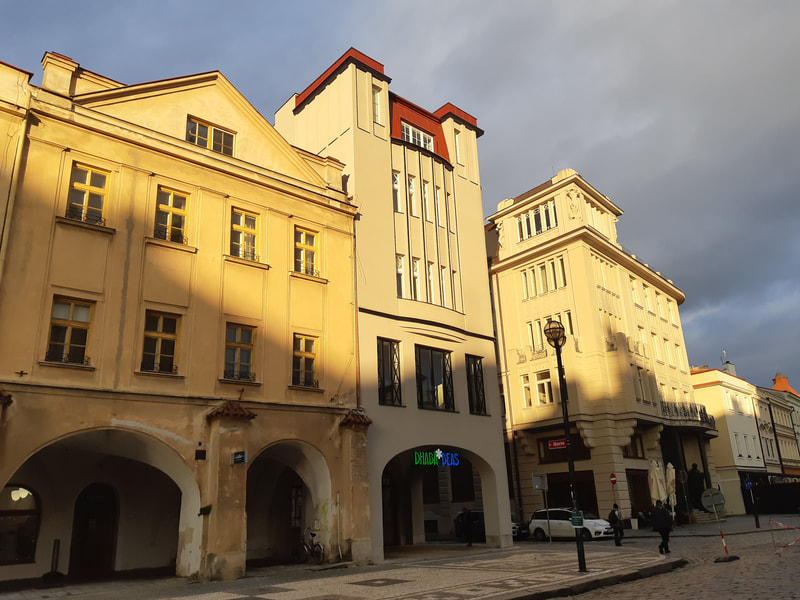 Sunlight on the Gallery of Modern Art and an Art Deco building in Hradec Kralove