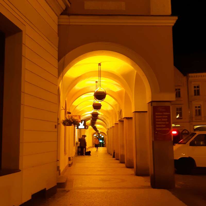 Arcade on the Liberec main square at night