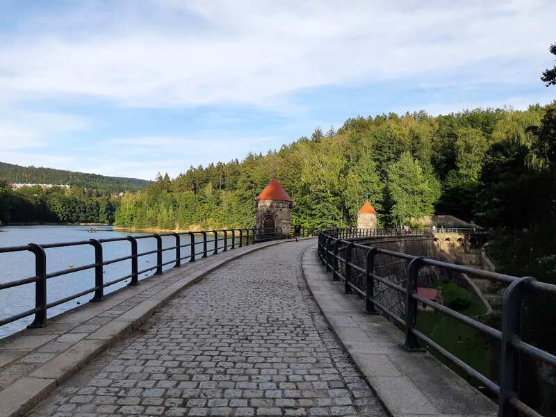 View of the walkway over the reservoir and dam (přehrada) in Liberec