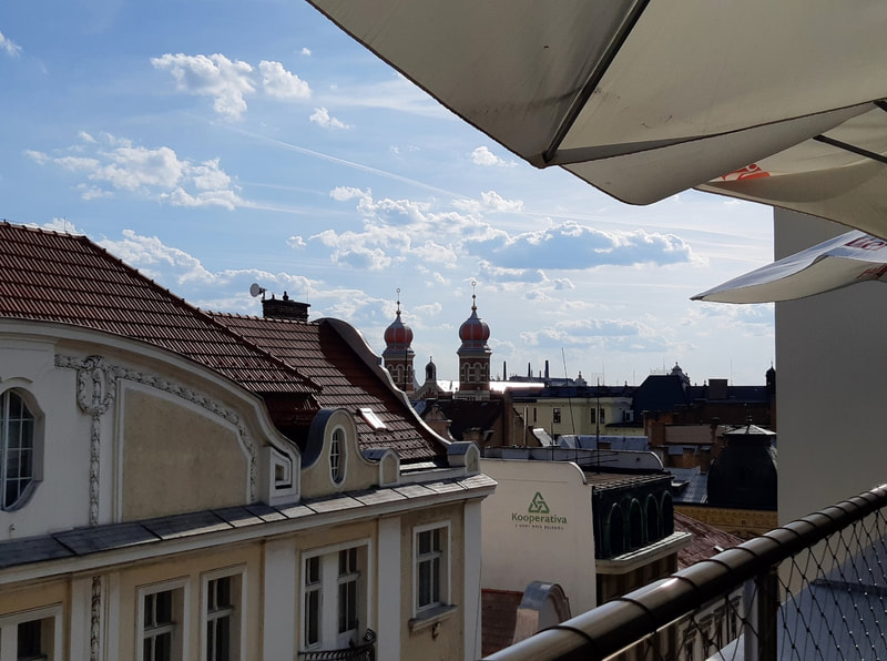 The Great Synagogue is visible in the distance from a rooftop terrace in Pilsen
