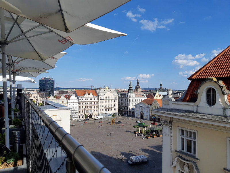 View of Pilsen's Namesti Republiky from a hotel rooftop